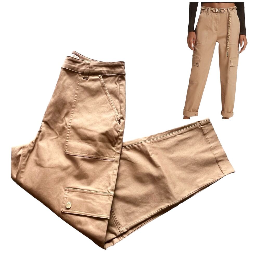 NEW Michael Kors Stretch Organic Cotton CARGO PANTS Women's 2 Dark Camel Tan NWT